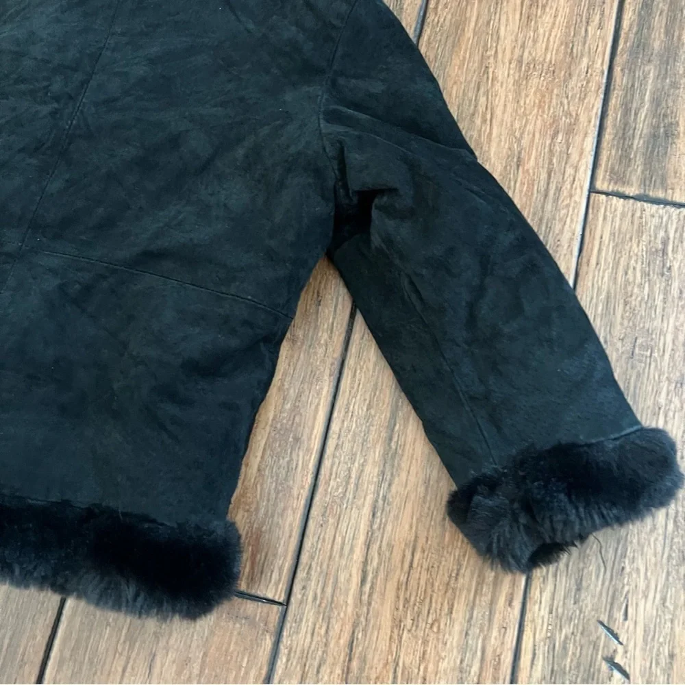 Wilsons Leather Girls Black Suede Fur Trimmed Coat XS Kids Hooded 4 5 Jacket